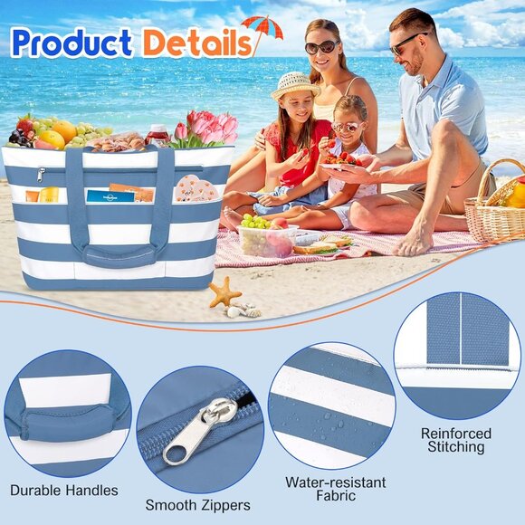 Women's Grey-blue White Waterproof Sandproof Xl Tote Zipper Foldable Beach Bags - Picture 6 of 8